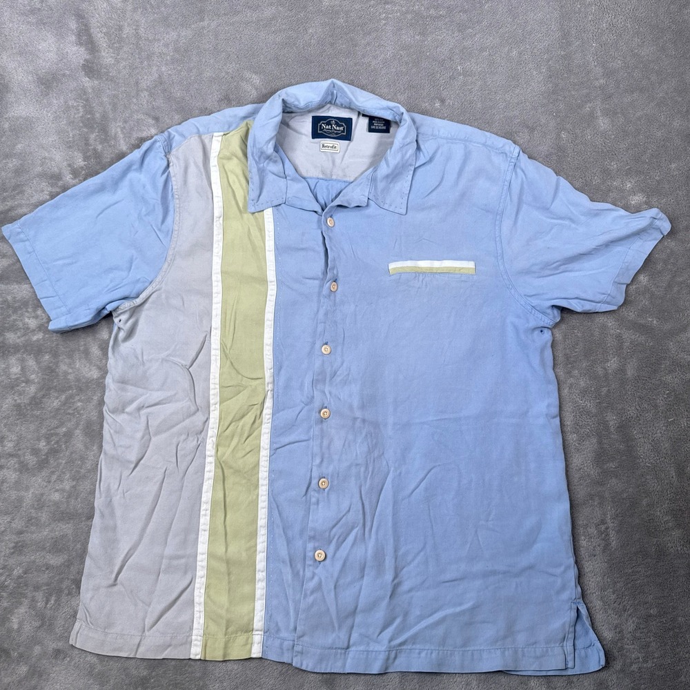 Vintage Nat Nast Shirt Mens XL Silk Bowling 50s Style Rockabilly Blue